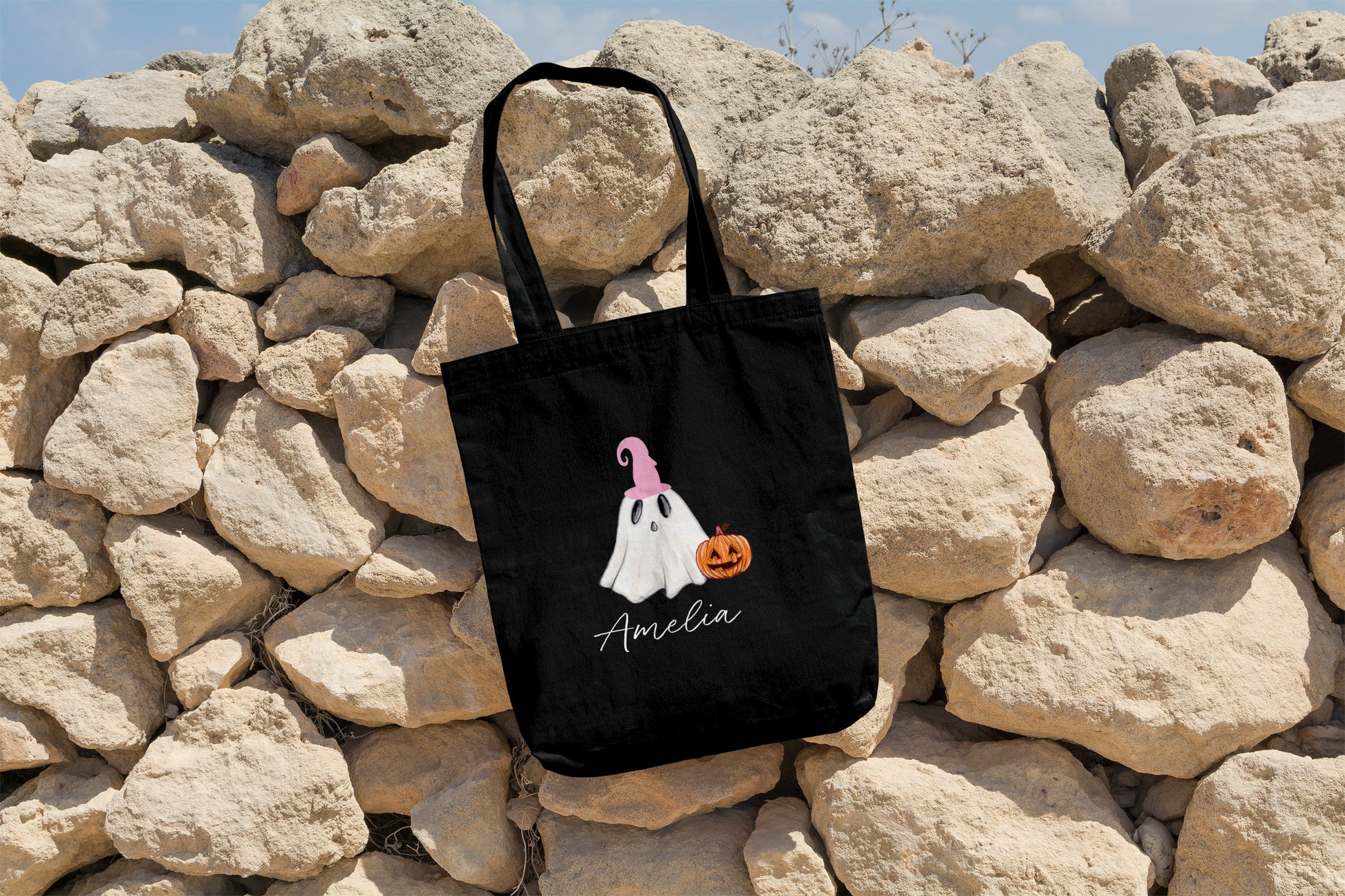 Personalised Halloween trick-or-treat tote bag with ghost design and custom name