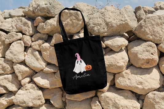 Personalised Halloween trick-or-treat tote bag with ghost design and custom name