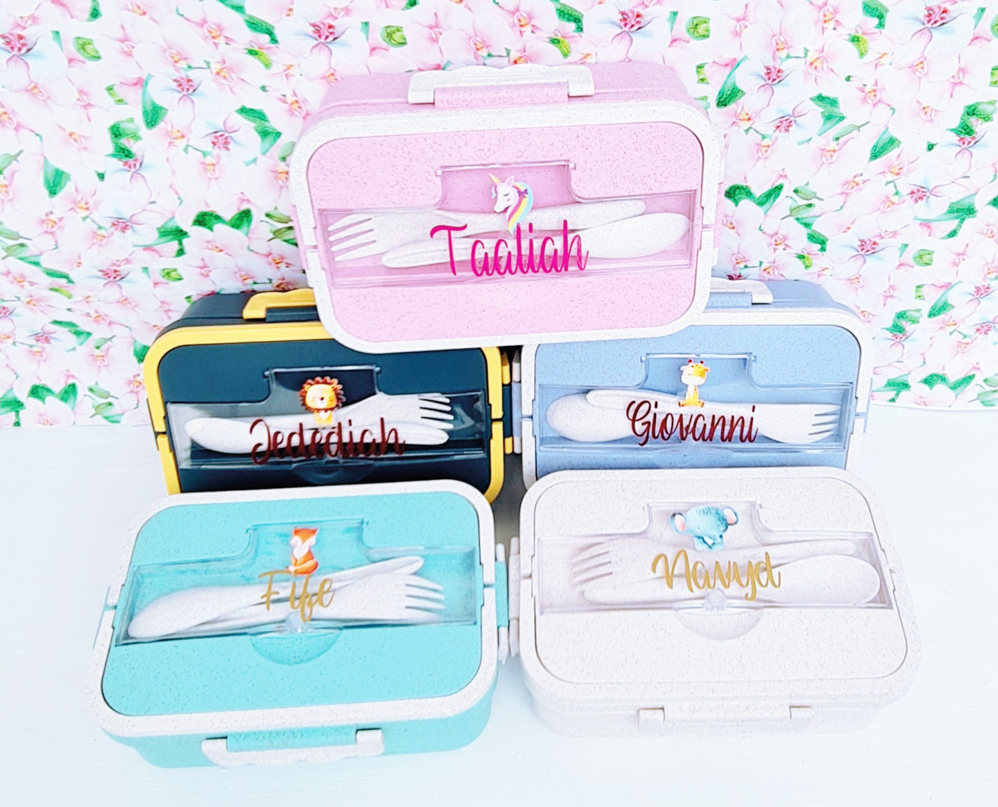 Character lunch boxes showing multiple animal design options