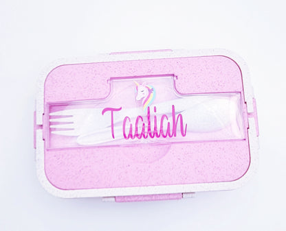Personalised lunch box with colourful animal character on wheat-based box