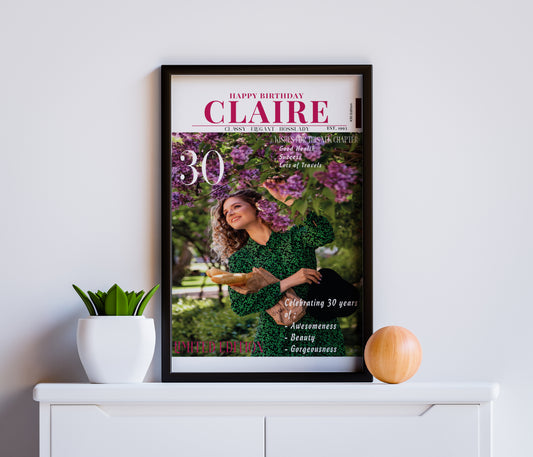 Personalised magazine cover birthday poster with custom photo name and message