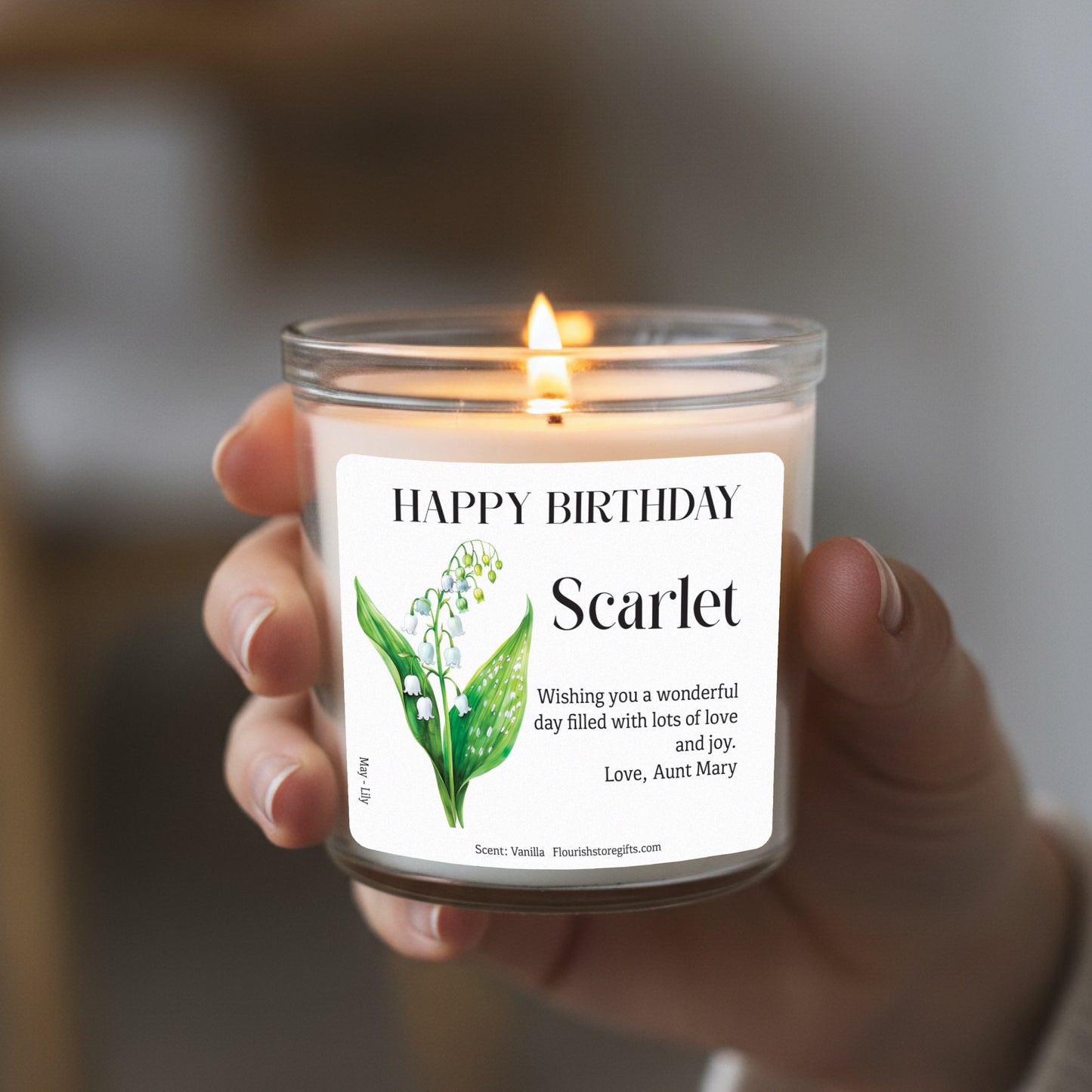 Birth flower personalised candle with custom name and message label