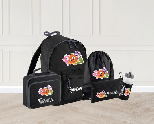 Personalised monster school bag set with backpack PE bag lunch bag and accessories