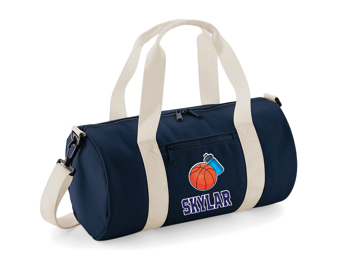 Interior of personalised basketball kit bag showing zip compartments
