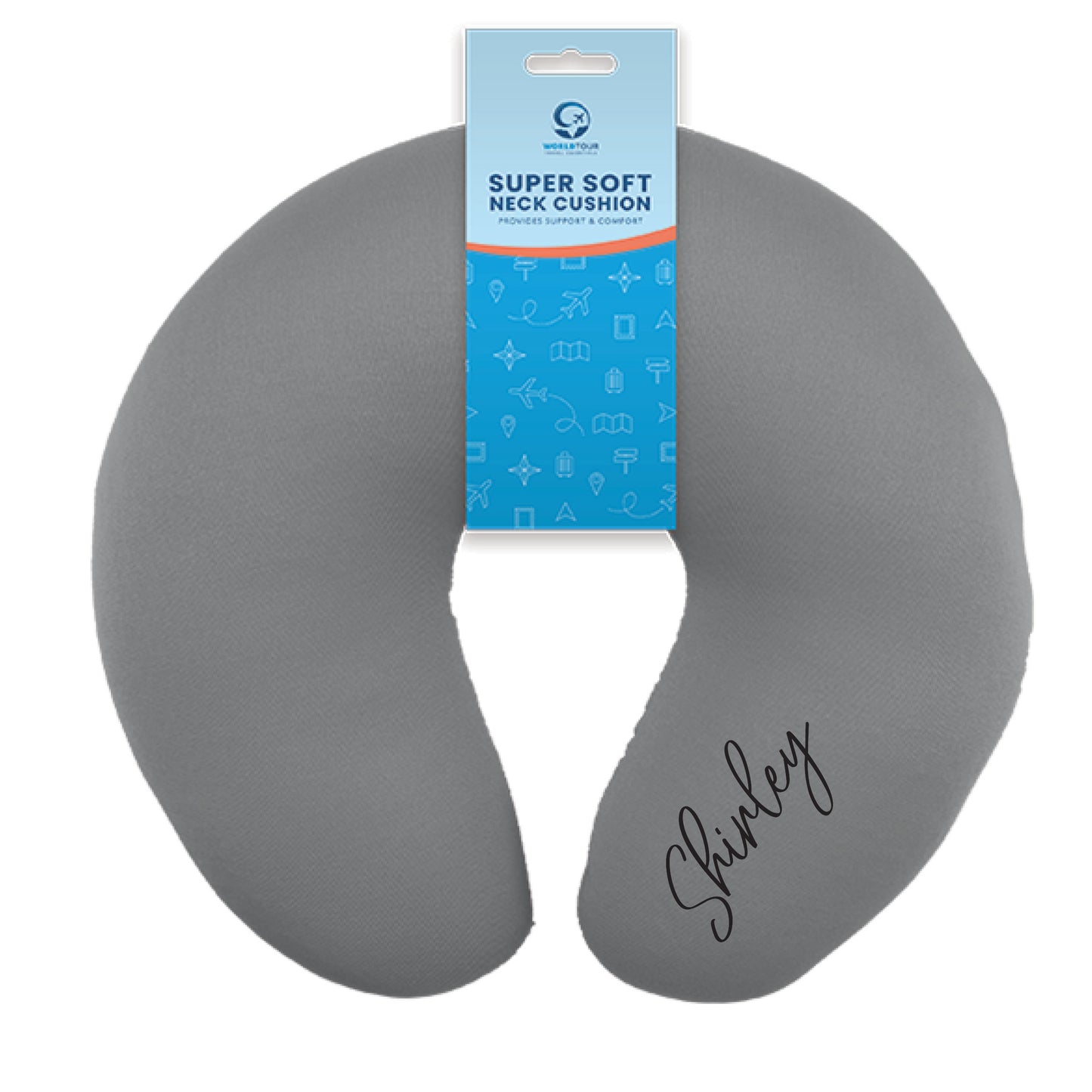 Personalised travel neck pillow showing colour and size detail