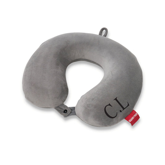 Personalised travel neck pillow showing colour options and name personalisation