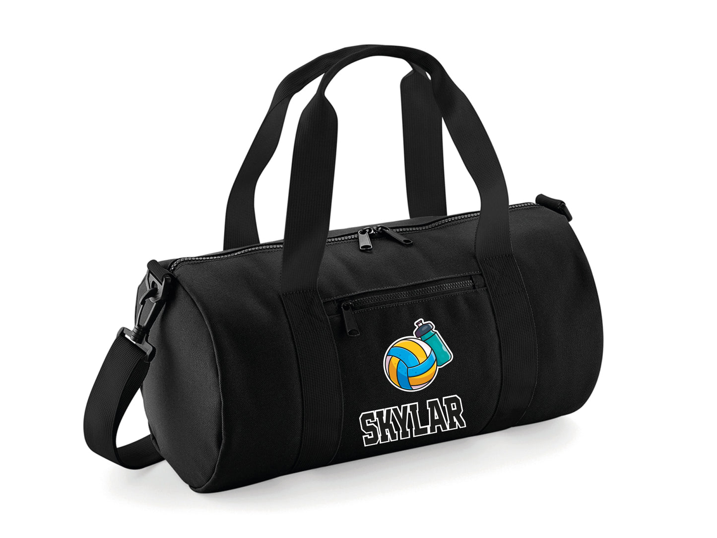 Mini and large personalised netball kit bags shown together