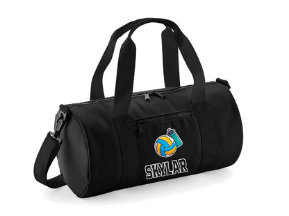 Mini and large personalised netball kit bags shown together