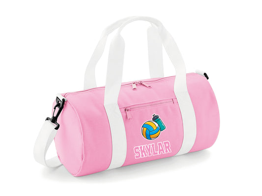 Personalised netball kit bag with custom name and barrel design