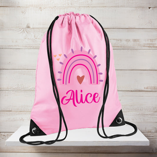 Personalised rainbow drawstring bag for PE and swimming with custom name