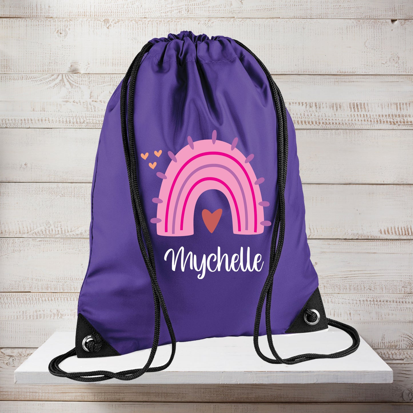 Personalised rainbow PE bag showing water-resistant polyester detail
