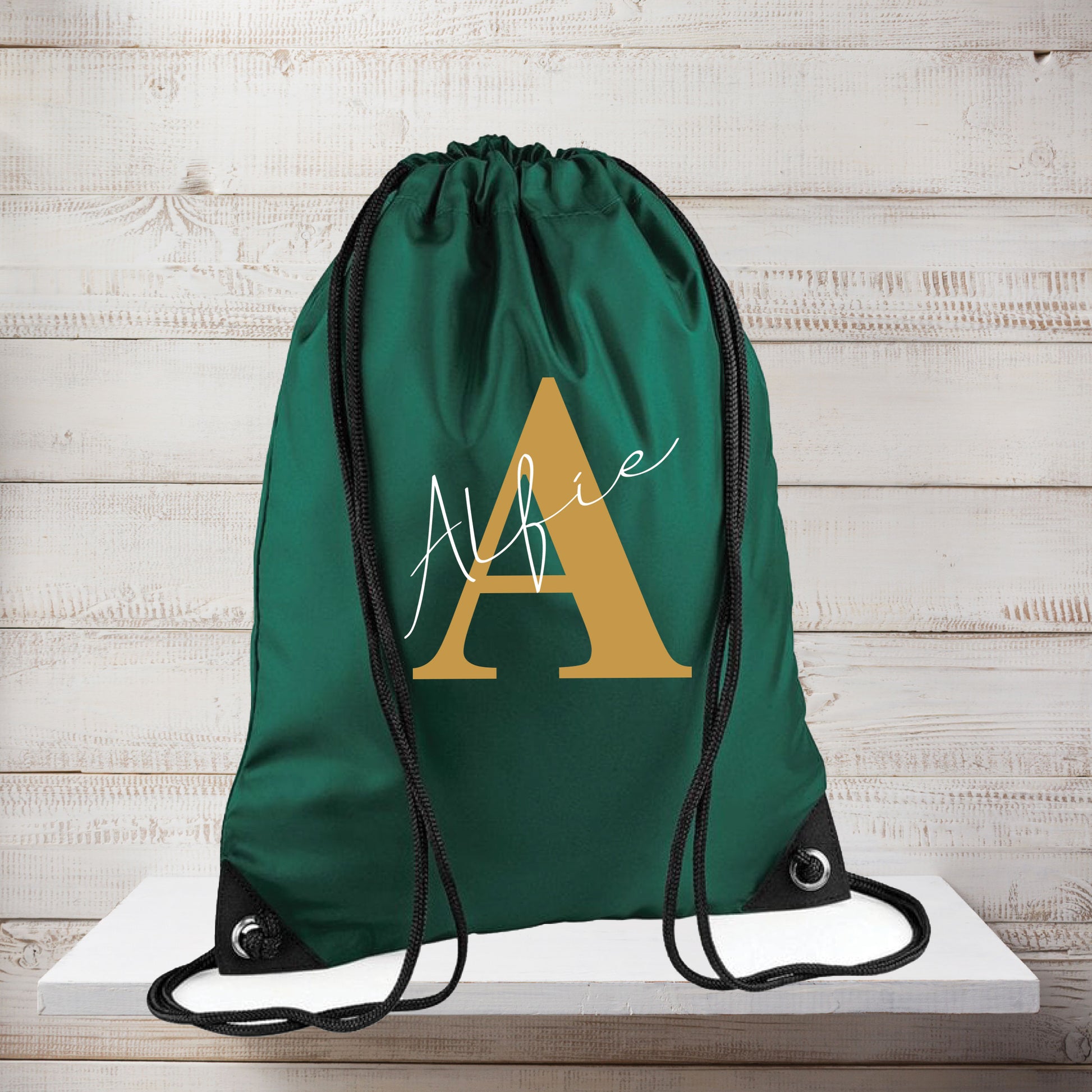 Personalised drawstring PE bag with name and initial for kids