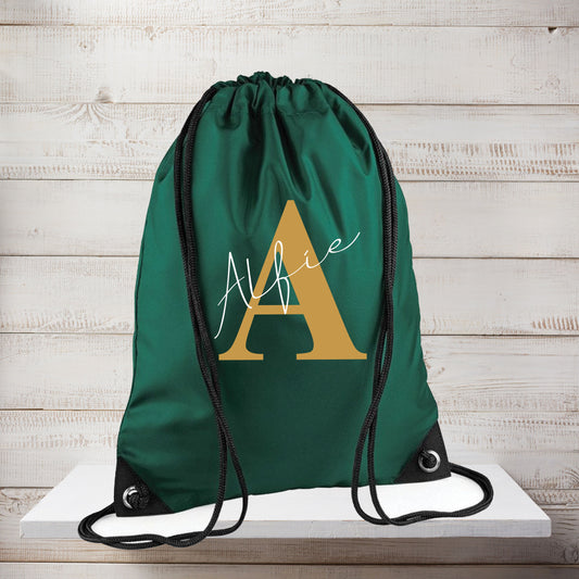 Personalised drawstring PE bag with name and initial for kids