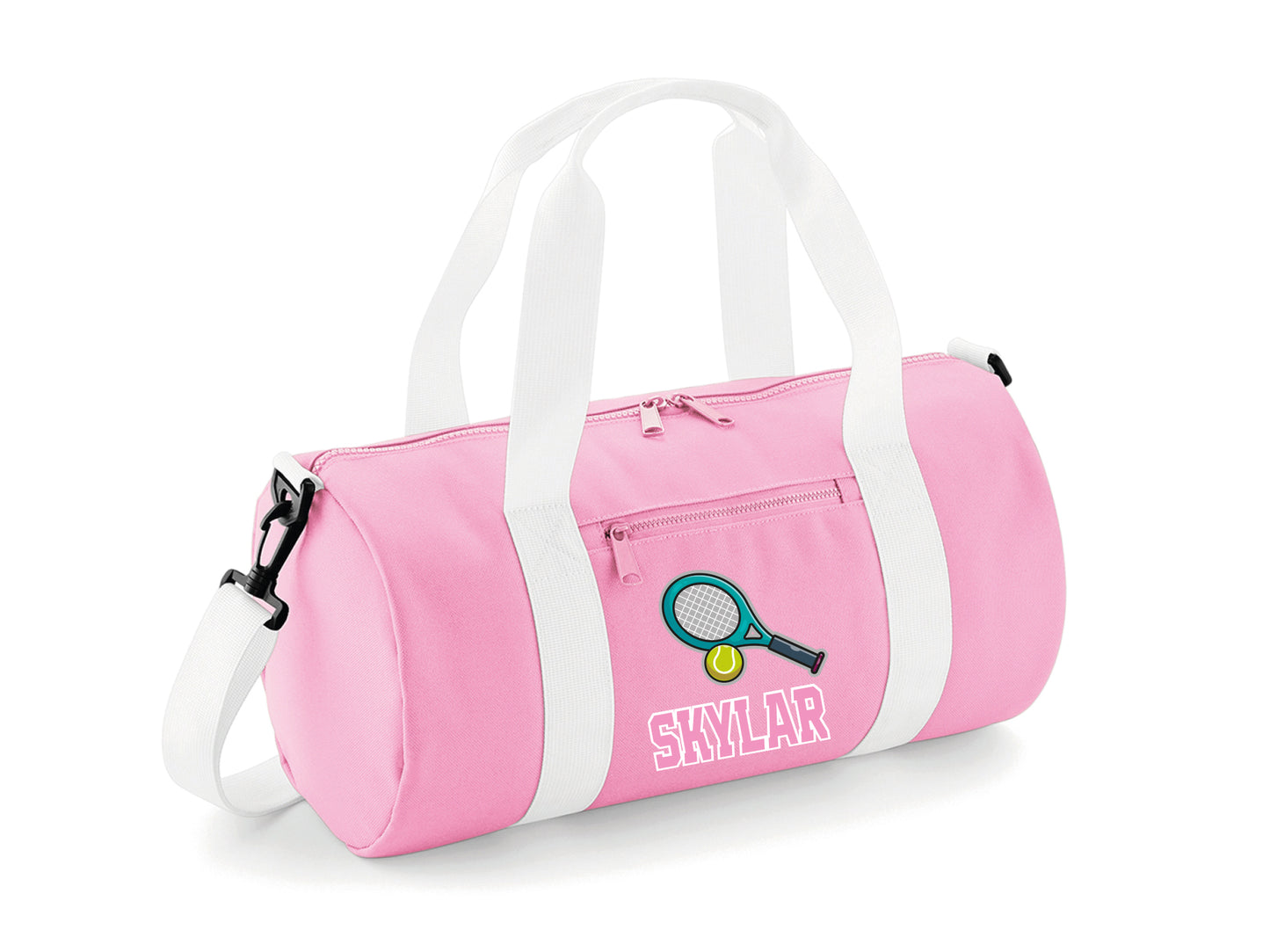 Mini and large personalised tennis kit bags shown together