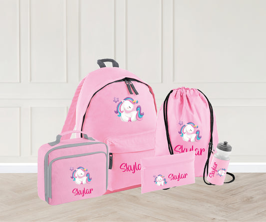 Personalised unicorn school bag set - backpack, lunch bag, PE bag, pencil case and water bottle 