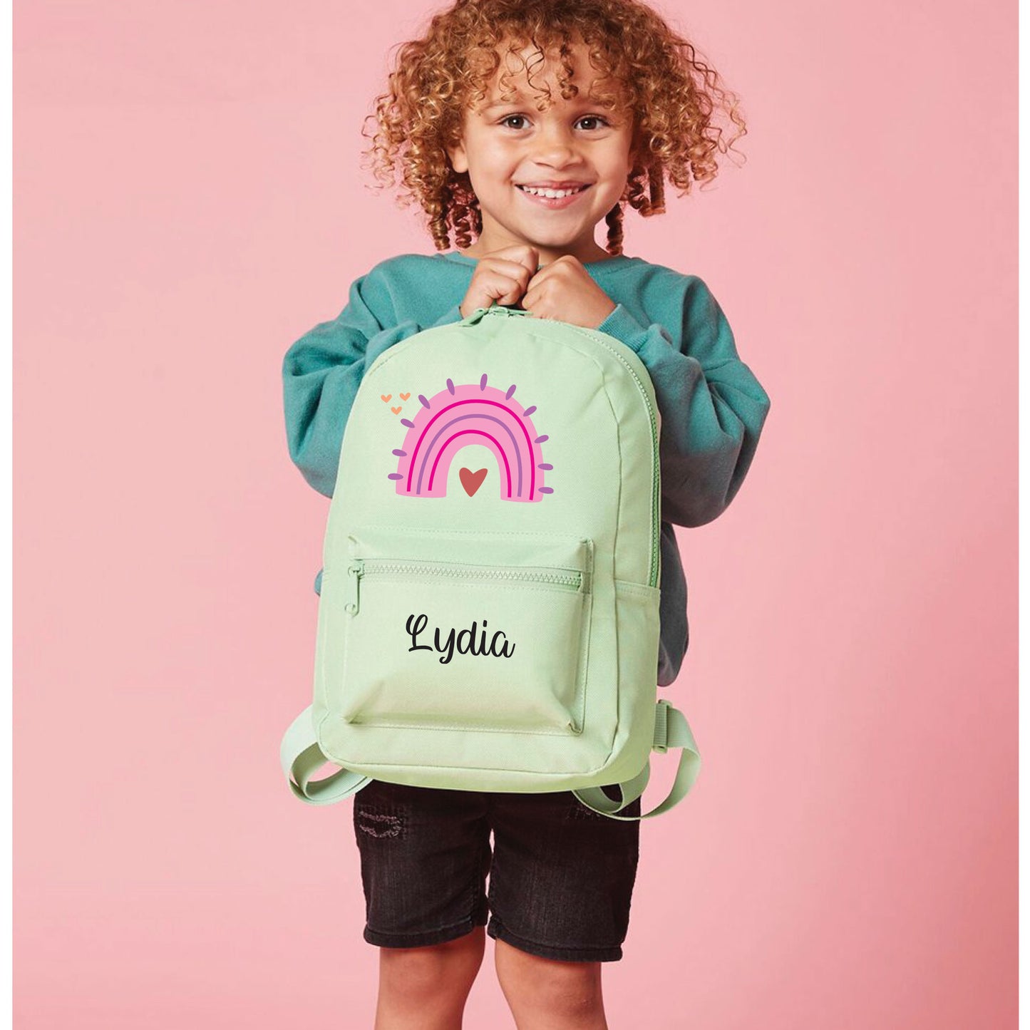 Rainbow school bag showing pastel design detail