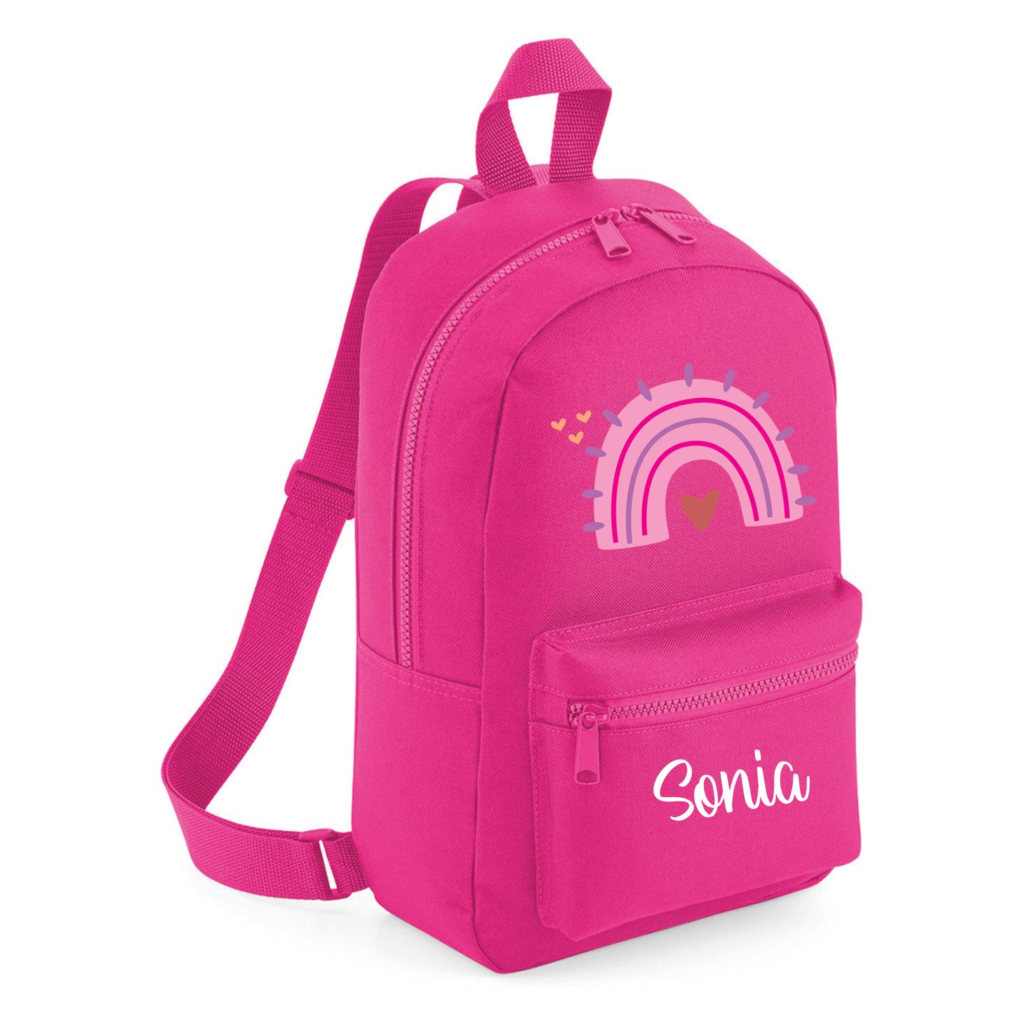 Personalised rainbow backpack showing padded back panel
