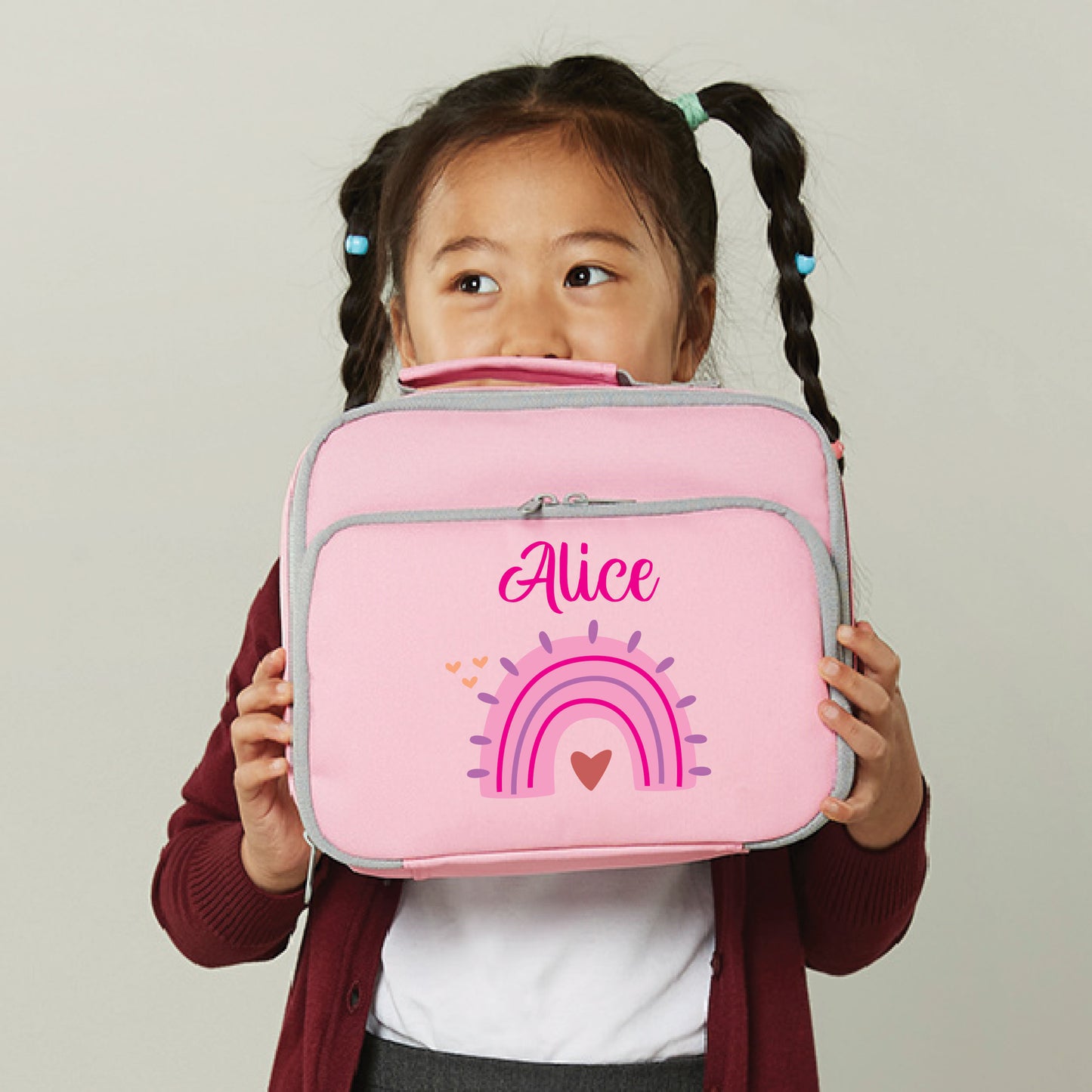 Personalised pink pastel rainbow lunch bag with custom name