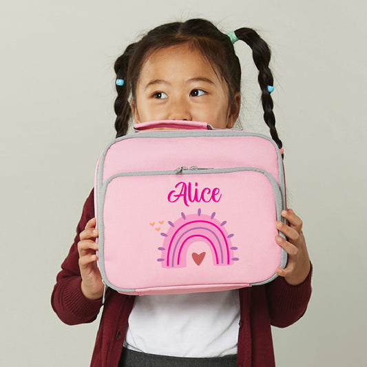 Personalised pink pastel rainbow lunch bag with custom name