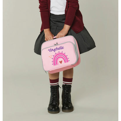 Pink lunch bag showing pastel rainbow design detail