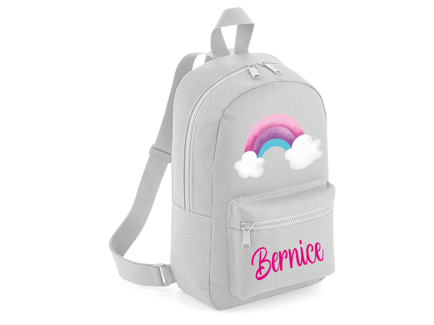 Grey personalised rainbow school bag with front pocket