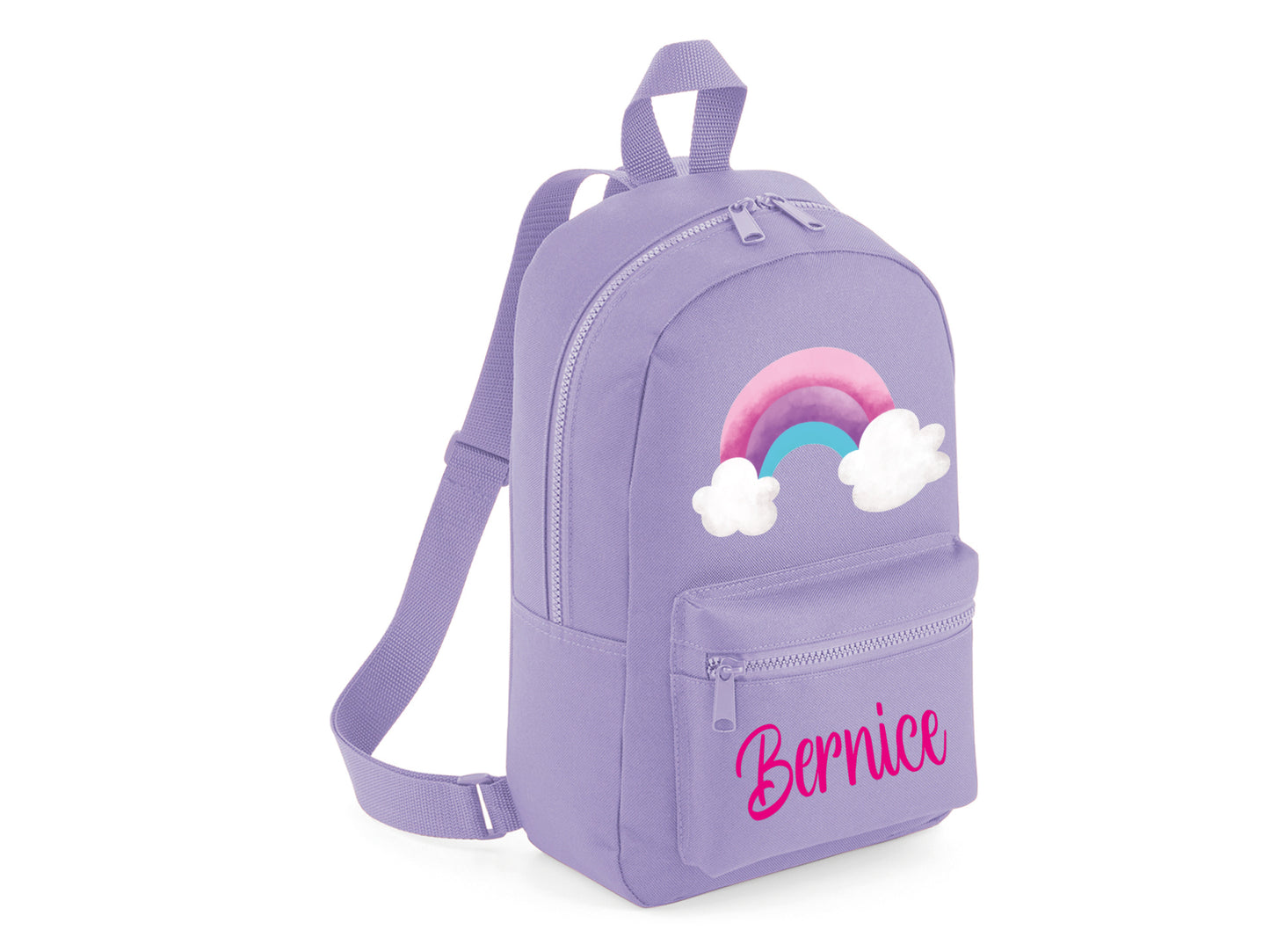 Lavender personalised rainbow backpack with padded straps