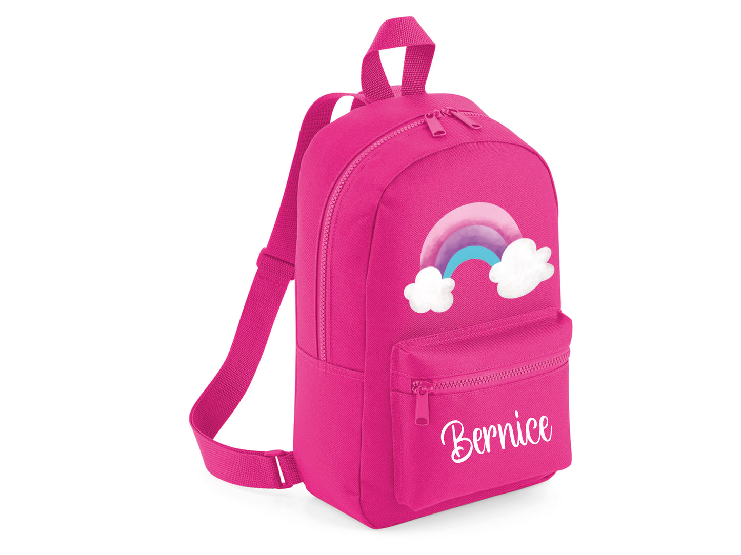 Fuchsia personalised rainbow school bag with name