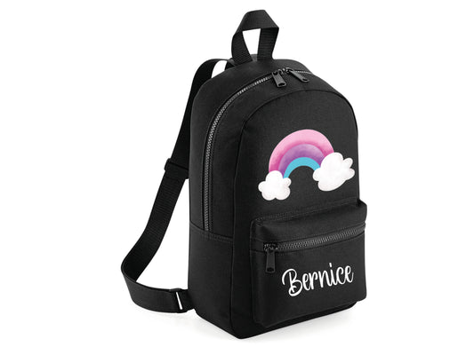 Personalised rainbow school bag backpack in black with colourful design