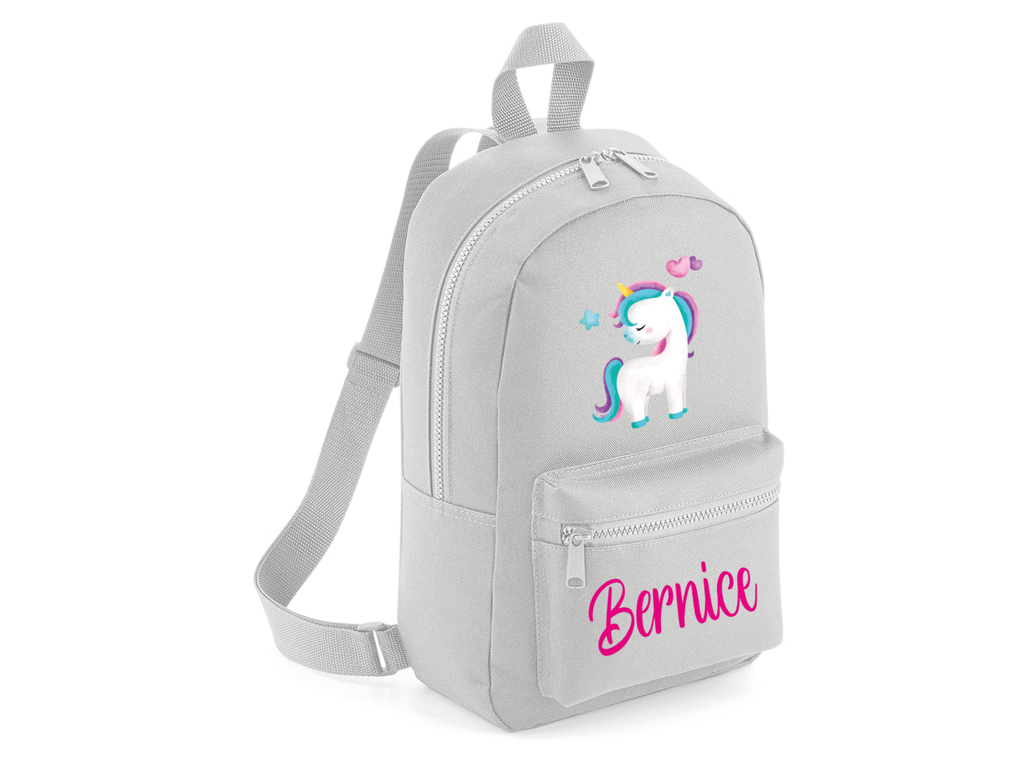 Grey personalised unicorn school bag with front zip pocket