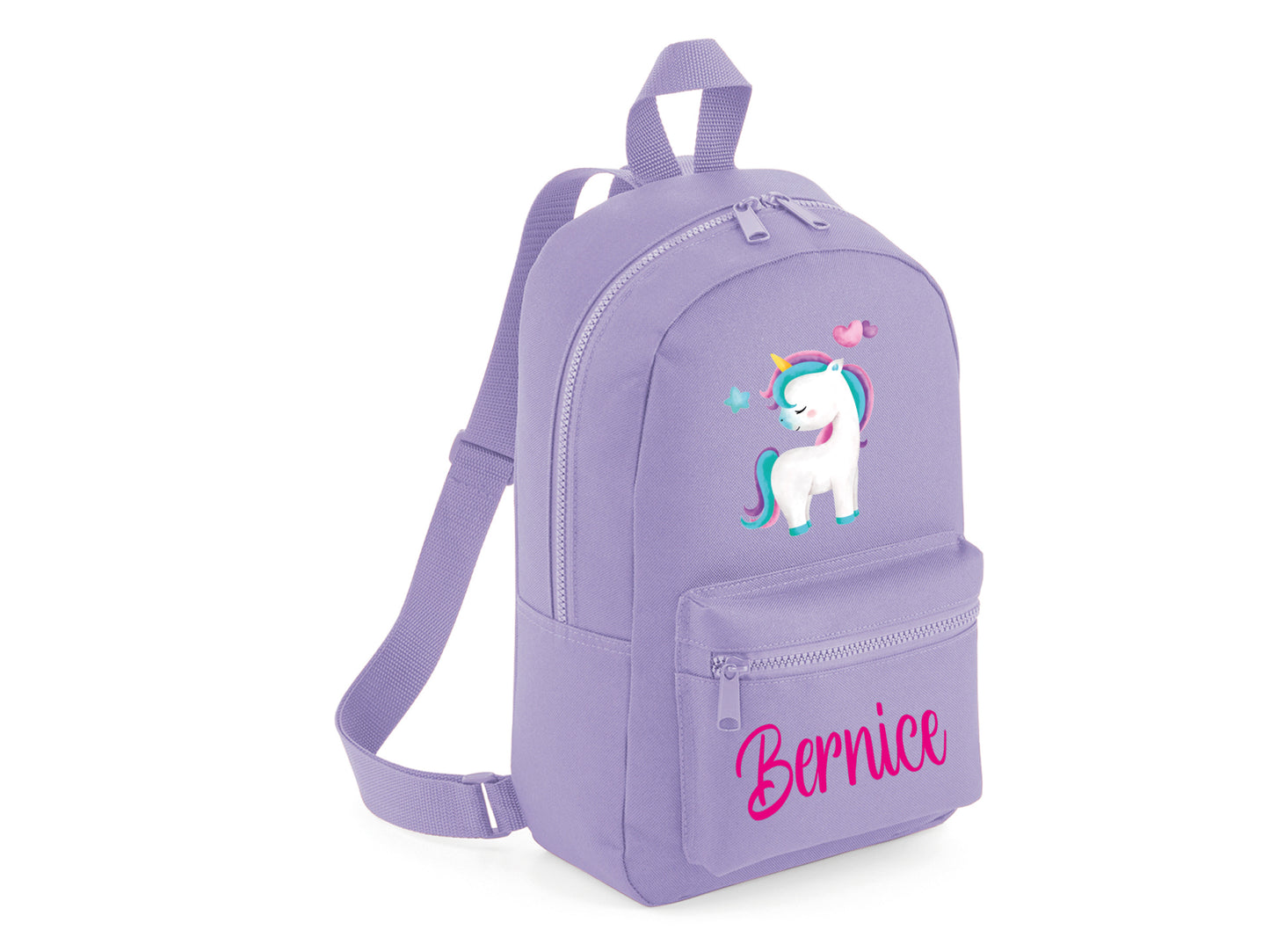 Lavender personalised unicorn backpack showing padded straps