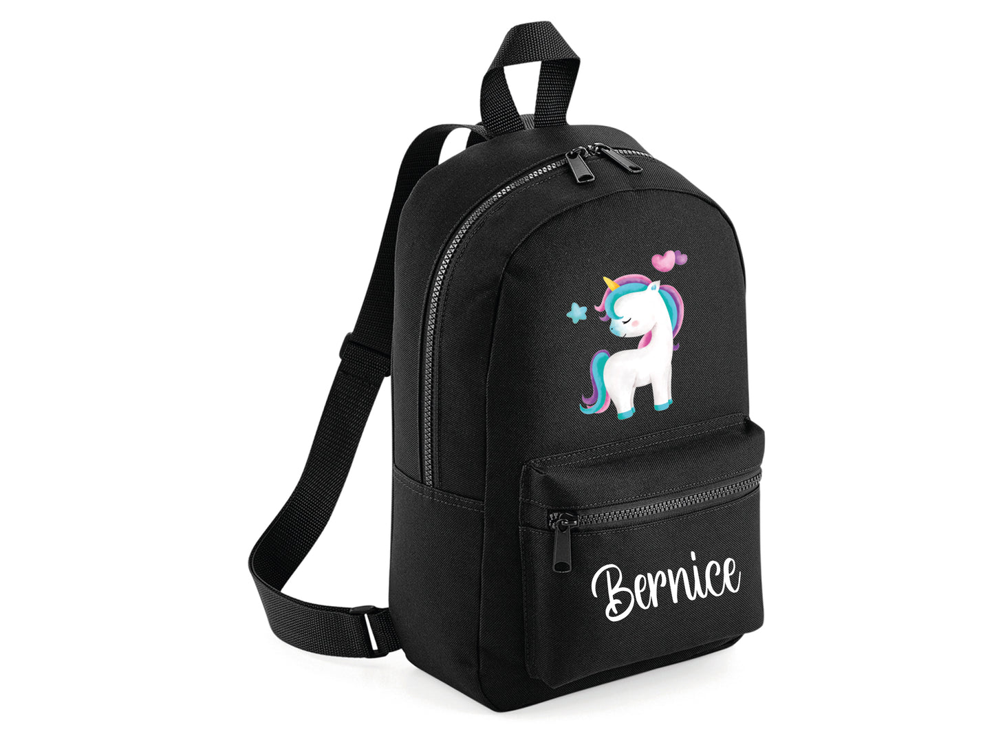 Personalised unicorn school bag backpack with custom name in black