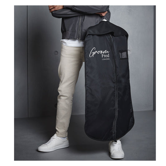Personalised groom suit cover with name role and date