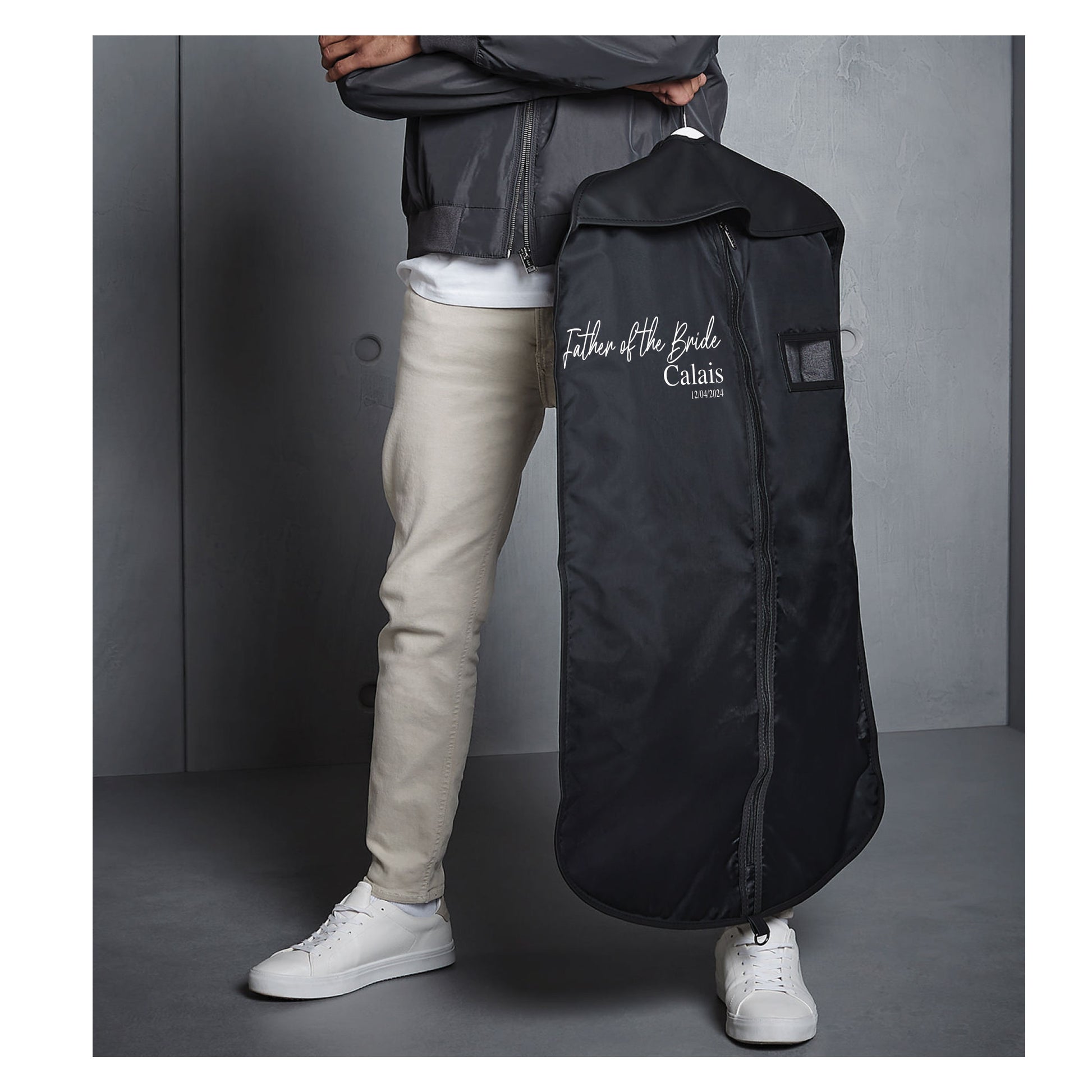 Groom garment cover showing personalised text detail