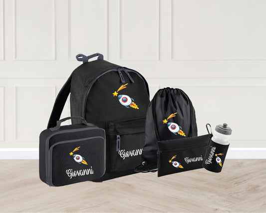 Personalised space rocket school bag set, lunch bag, PE Bag, Water bottle and Pencil Case. Available in 4 different colours - Black, Light Pink, Light Blue and Navy Blue