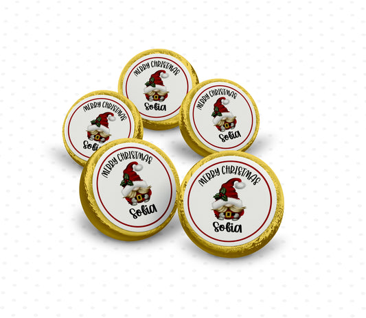 Personalised gonk gold chocolate coins set of 5 with hand-drawn gnome design
