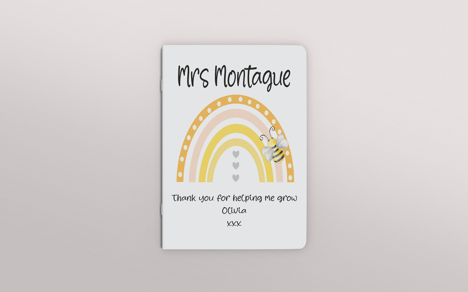 Rainbow and bee design A5 notepad personalised with name and message