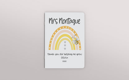 Rainbow and bee design A5 notepad personalised with name and message