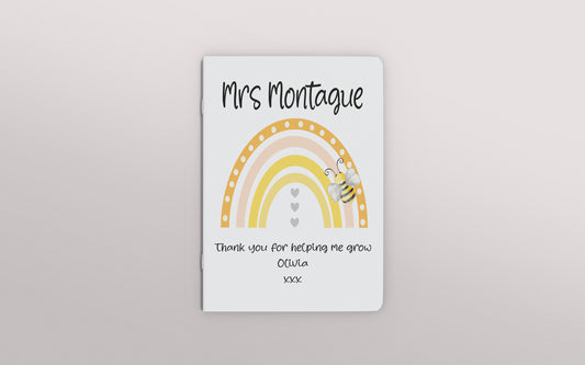 Rainbow and bee design A5 notepad personalised with name and message