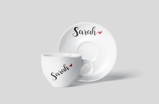 Personalised porcelain teacup and saucer set with custom name