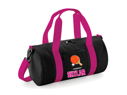 Personalised table tennis kit bag with custom name and barrel design