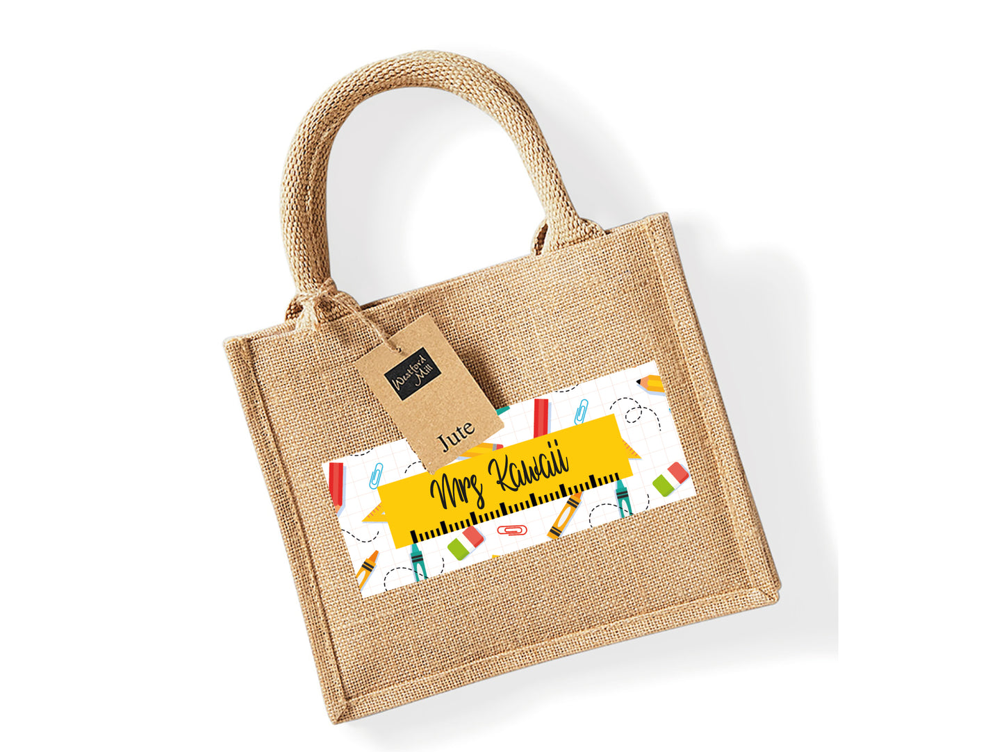 Natural Jute Bag personalised with name and school supply design