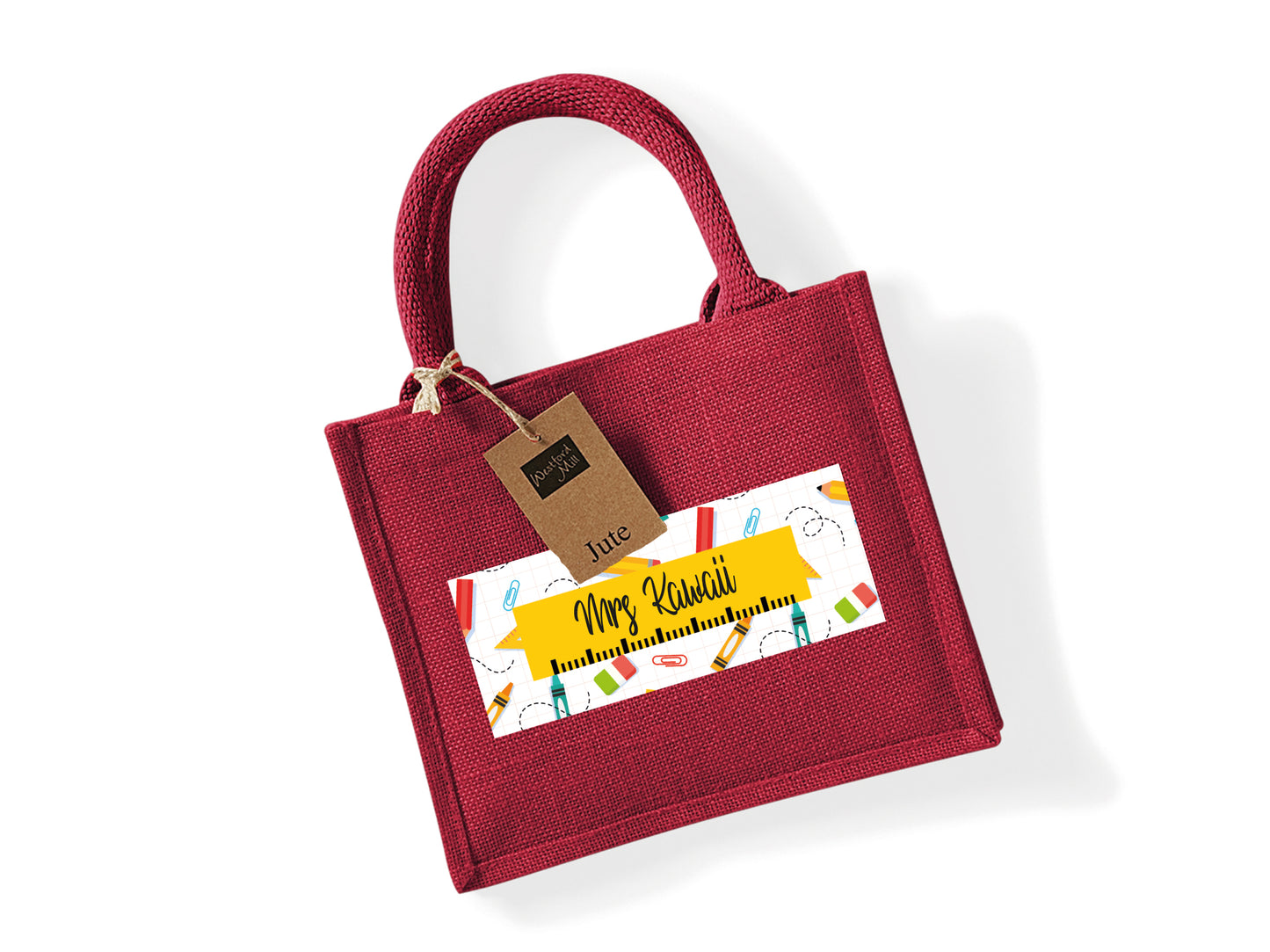 Red jute bag personalised with name and school supply design