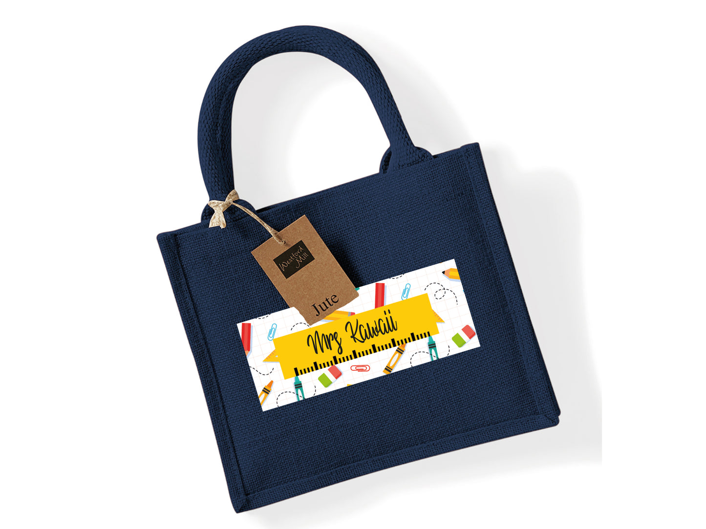Navy Jute bag personalised with name and school supply design