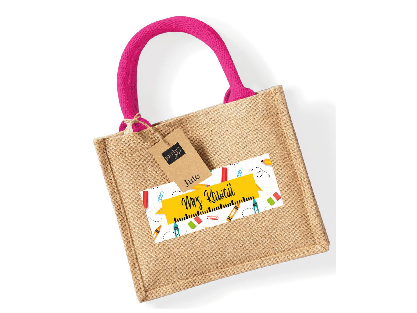 Natural/Fuchsia jute bag personalised with name and school supply design