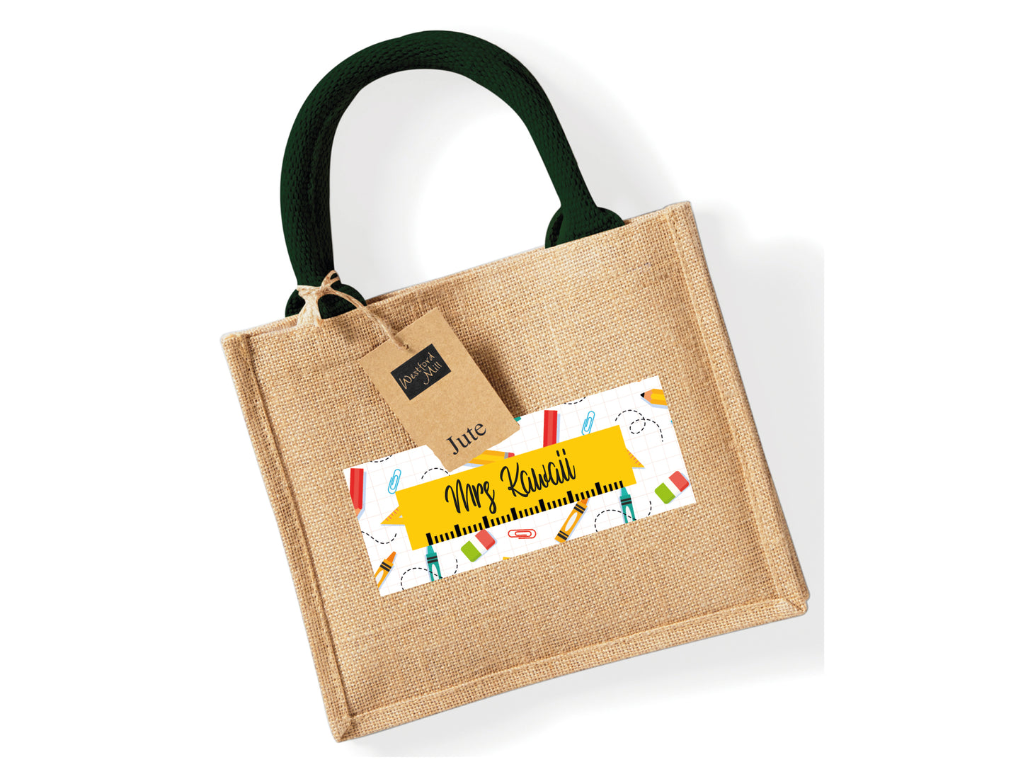 Natural/Green jute bag personalised with name and school supply design