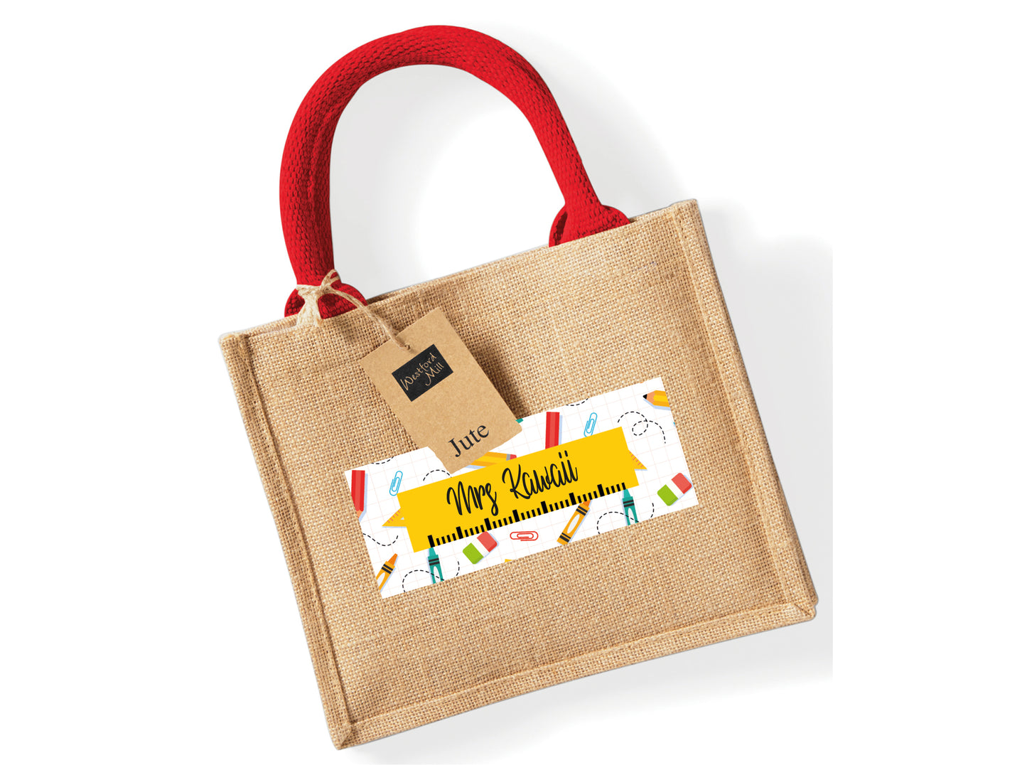 Natural/Red jute bag personalised with name and school supply design