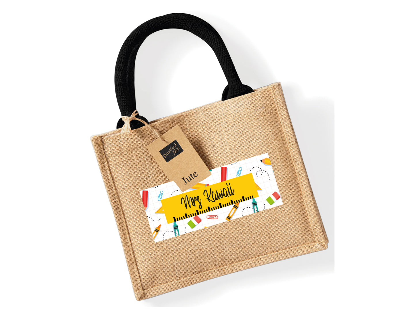 Natural/Black jute bag personalised with name and school supply design