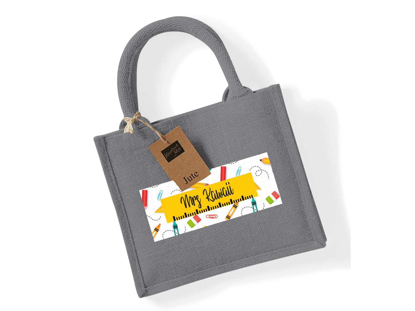 Graphite grey jute bag personalised with name and school supply design