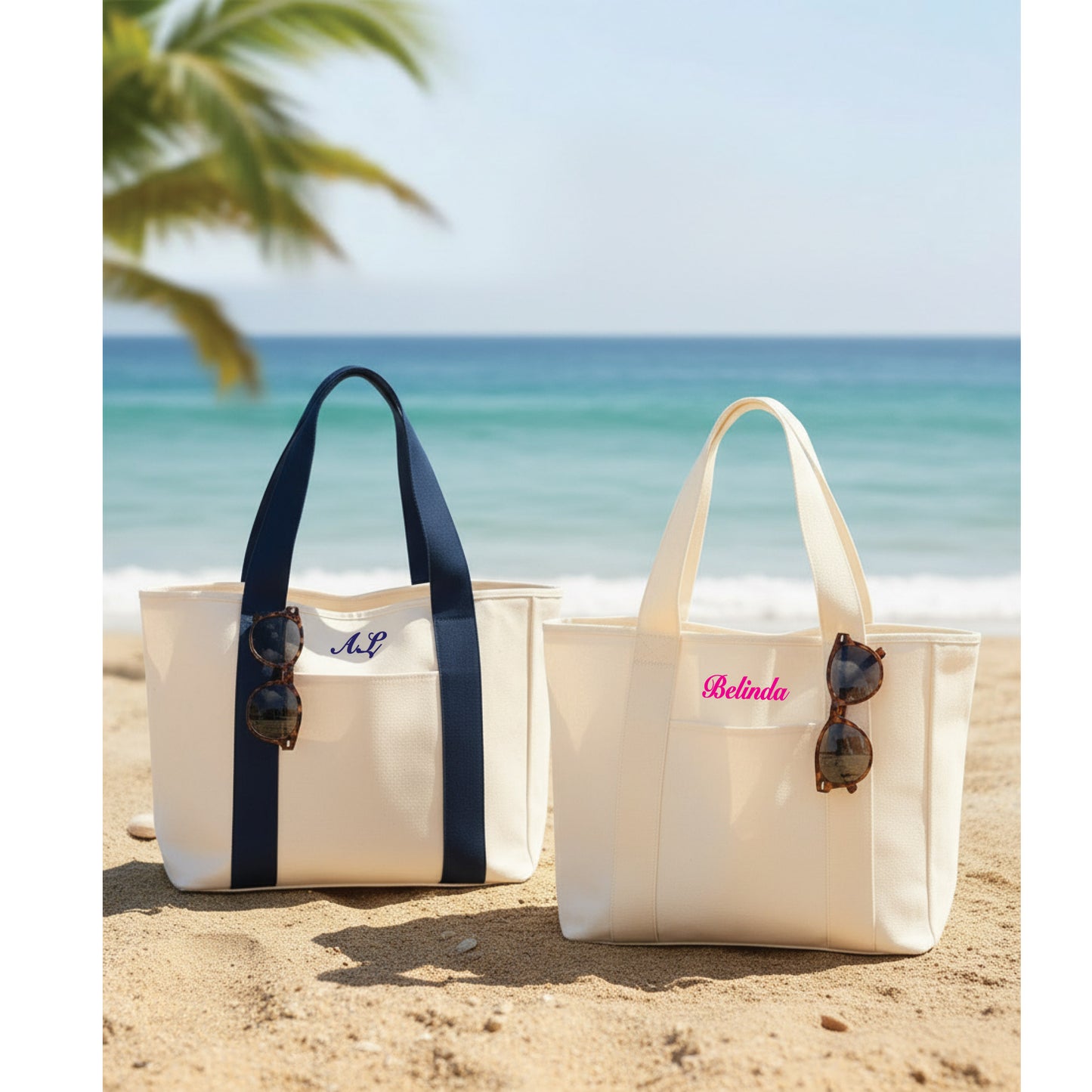 Custom embroidered tote bag with zip closure and personalised name