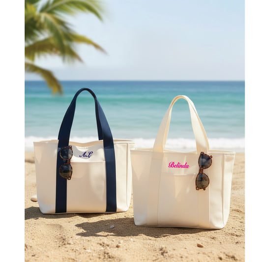 Custom embroidered tote bag with zip closure and personalised name